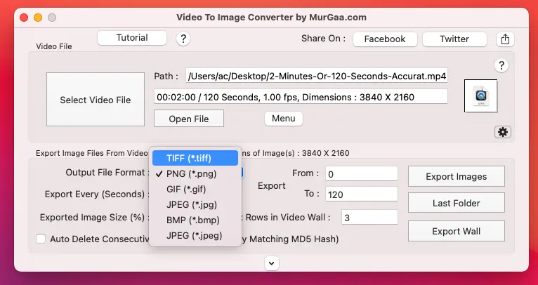 Screenshot of Video to Image Converter for Mac displaying supported Image Frame File formats